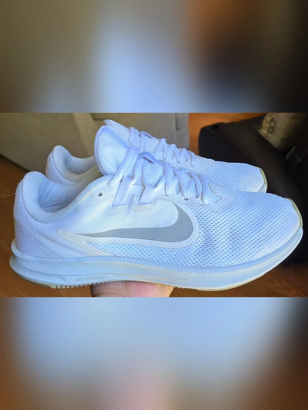 Sz 10 Women's NIKE DOWNSHIFTER 9 White/Reflective Gray Swoosh Running Shoes